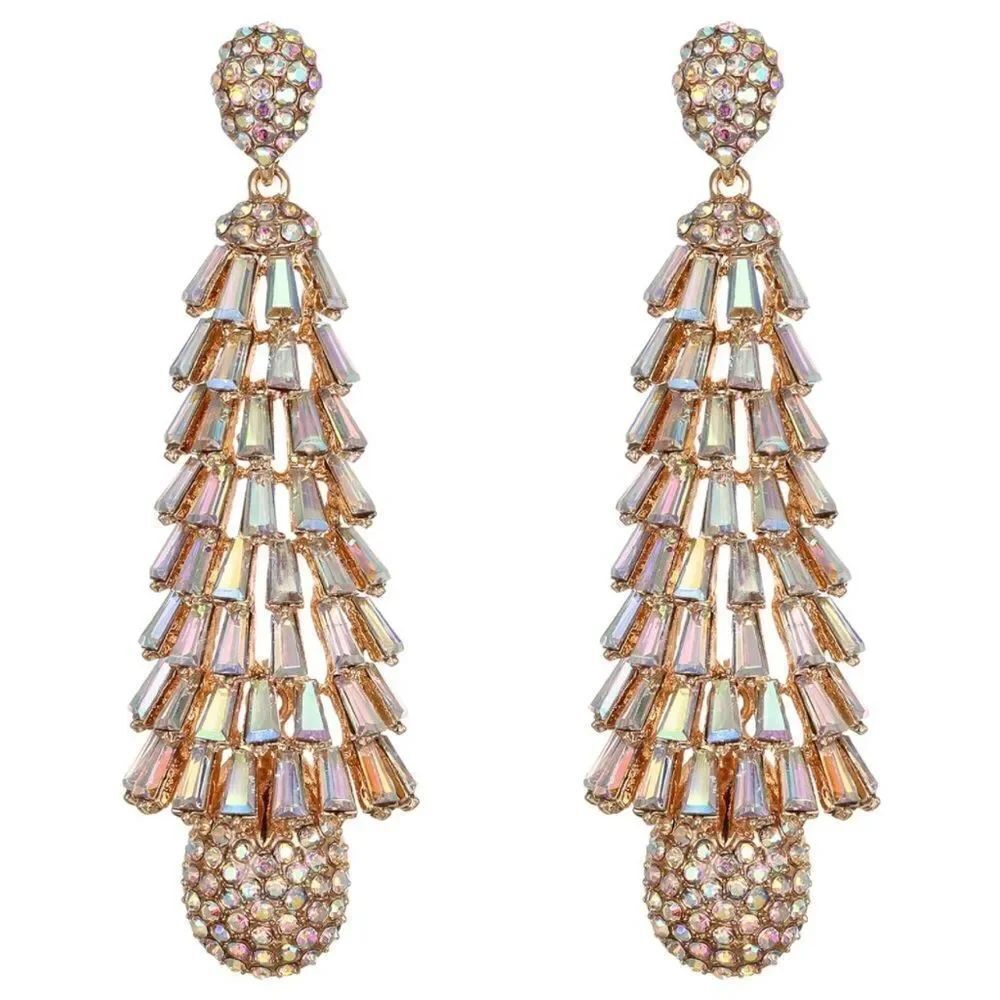 Yellow Gold and Iridescent AB Austrian Crystal Vintage Style Chandelier Earrings